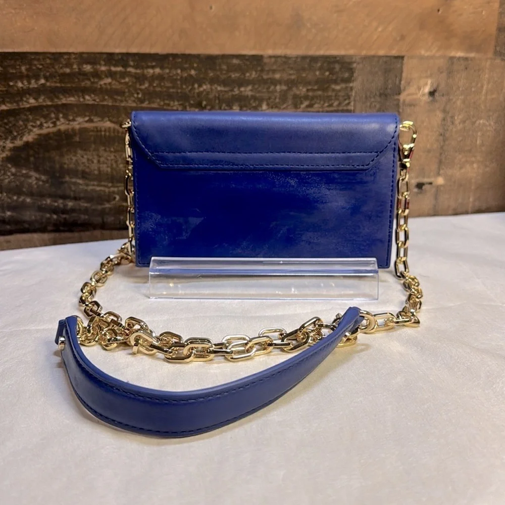 Tory Burch Blue Leather Mini Crossbody with Pink Bow and Gold Chain
